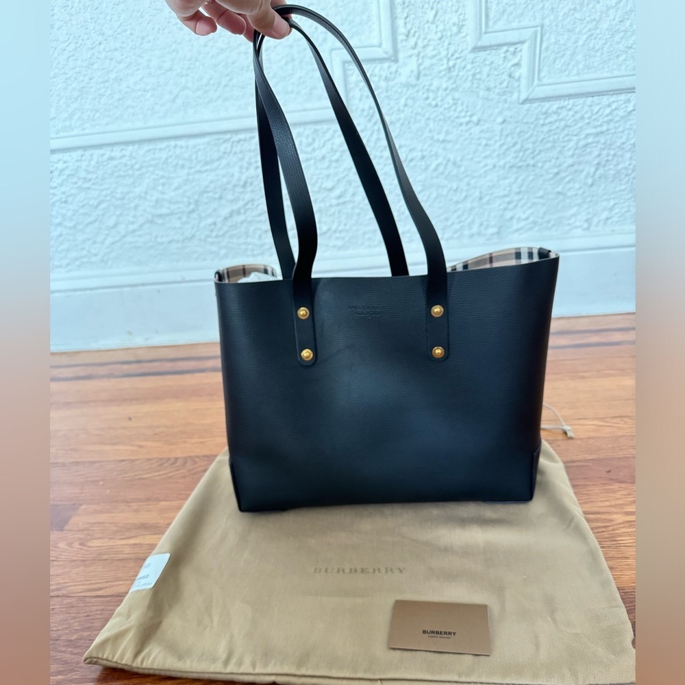 New Burberry Haymarket check black Leather tote bag